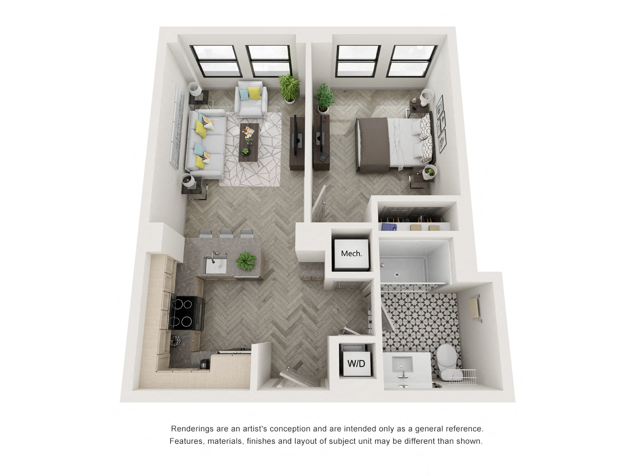 Floor plan for 1 bed, 1 bath, 541 sqft